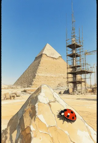 Illustration of an Ancient Egypt scene with a ladybug sitting on a pointed yellow stone in the foreground, pyramids and scaffolding under construction in the background under a bright blue sky.