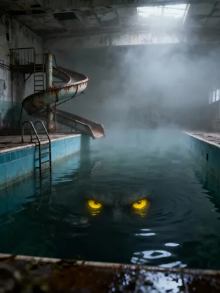 Ominous abandoned indoor pool filled with fog, featuring a rusty water slide and ladder, with a pair of large glowing yellow eyes visible underwater in the deep pool.