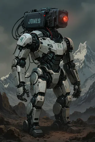 A futuristic white and gray mechanical robot with the word 'JONES' on its head, standing on rocky terrain with snow-capped mountains in the background.