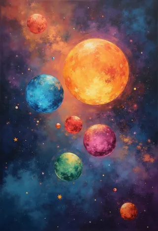 Painting of colorful elemental spheres resembling planets against a vibrant nebula-filled space background.