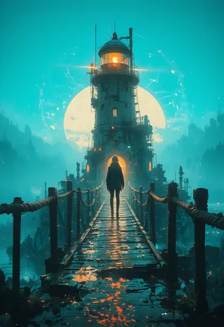 Silhouette of lone figure walking on a wet pier toward a glowing lighthouse with a large moon and misty background in a cyberpunk style.