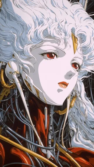 A detailed anime-style cyborg queen with flowing white hair and curly bangs, dark red eyes, gold cables integrated into her design, and cel-shaded in a 1990s cyberpunk fantasy style.