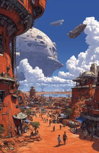 Industrial city on Neptune with rusted metal buildings and orange rocky ground, space pirates and astronauts walking, spaceships flying under a blue sky.