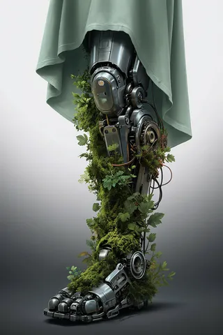 A highly detailed CGI image of a futuristic robotic leg entwined with lush green moss and plants, partially covered by a pale green flowing garment, set against a minimalist white to gray gradient background.