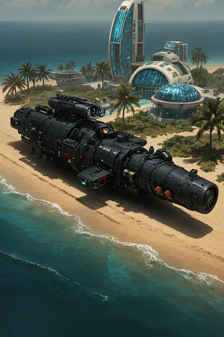 A highly detailed aerial view of a futuristic city on a tropical island with a large black cylindrical spaceship parked on a sandy beach by clear turquoise waters and surrounded by modern curved buildings and palm trees.