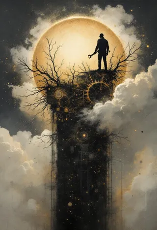 A silhouette of a worker holding a glowing wrench standing on a tall tower adorned with branches and gears, under a large sepia gold glowing dome surrounded by clouds.