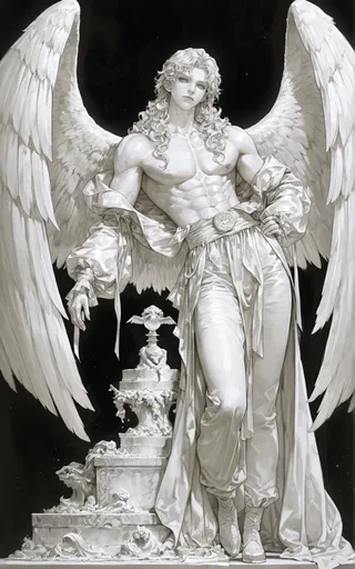 Highly detailed marble sculpture of a muscular angel with curly hair and large wings, depicted in a contrapposto pose with Renaissance art style influences.