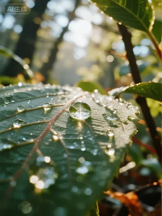 Close-up of a forest leaf covered with morning dew droplets, illuminated by natural light, showcasing detailed water reflections and bokeh background.