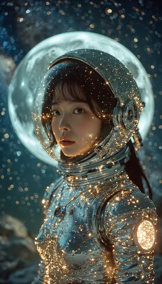 Korean female in a biomechanical cyberpunk-style silver spacesuit illuminated with glittering lights, set against a moonlit celestial background.