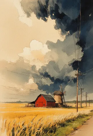 Watercolor painting of a vast rural landscape featuring a small red barn and windmill under a large, swirling storm cloud with telephone poles and a golden wheat field.