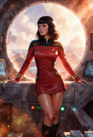 A detailed portrait of a woman in a red Star Trek uniform standing inside a spaceship bridge, framed by a large circular porthole showing a distant landscape under sunlight.