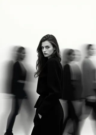 Black and white high fashion photograph featuring an Alpine-looking young woman in a black minimalist outfit standing still with a stoic expression, contrasted by motion blur silhouettes of people passing by on a clean, abstract bright background.