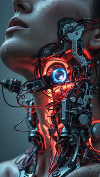 Close-up of a photorealistic person with a cybernetic neck featuring glowing red and blue circuits, wires, and mechanical parts in Mecharobandro style.