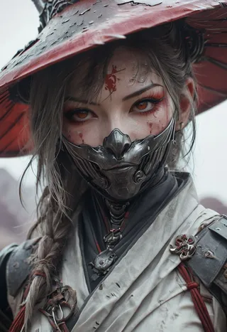 Close-up of a weathered female cyborg samurai wearing a metallic mask and red sedge hat, with intense red eyes, detailed braided hair, and worn battle armor.