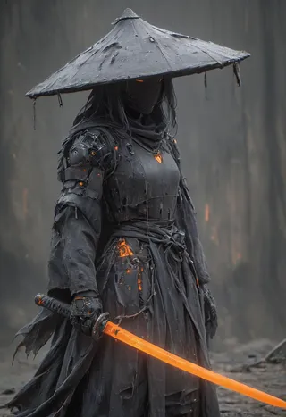 Cyborg Bedouin sorcerer wearing a large worn sedge hat and dark layered attire, holding a glowing orange neon katana against a smoky, atmospheric background.