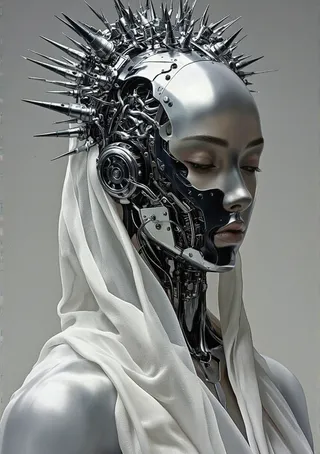 Photo-realistic digital illustration of a futuristic humanoid robot with a sleek metallic silver and black design, featuring a spiky headpiece and draped white veil.