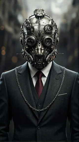 Photorealistic portrait of a person wearing an intricate mechanical mask with metal gears and rivets, dressed in a dark formal suit, white shirt, and maroon tie, set against a dim industrial background.