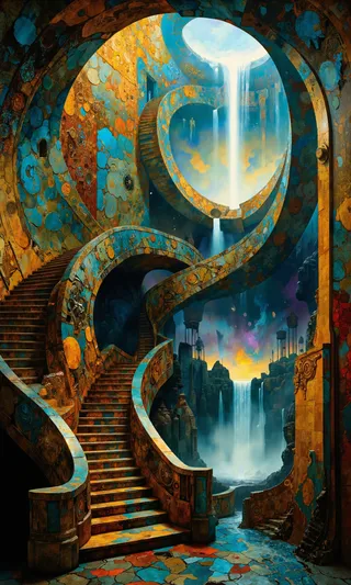 A spiraling staircase with ancient and futuristic textures leads upwards through a glowing portal into a surreal landscape featuring waterfalls and floating structures under a colorful vortex sky.