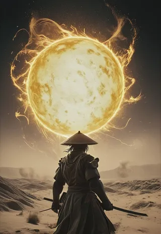 Cyborg samurai with a large round sedge hat holding two glowing translucent beige-yellow orbs amidst a smoky desert landscape under a large fiery moon.