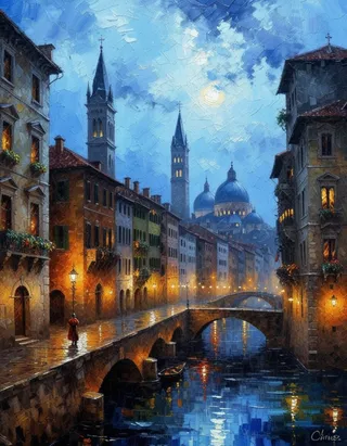 Renaissance painting depicting a city view at night with an illuminated canal, stone bridge, old buildings with lit windows, and reflections in the water under a cloudy sky.