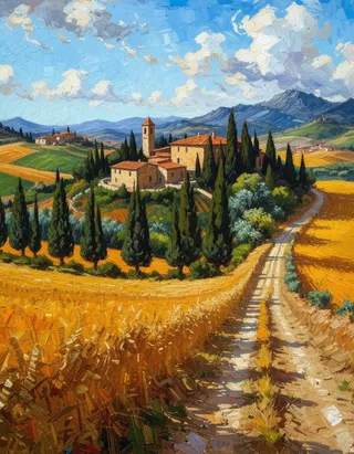 Renaissance-style painting of Val d'Orcia featuring golden fields, a winding cypress-lined road, and charming Tuscan village buildings under a bright blue sky.