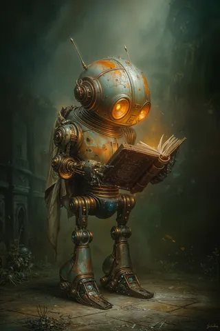 A steampunk robot with a rounded helmet head, antennae, and amber glowing eyes reading a rune-lit tome while wearing a tattered cape in an abandoned gothic ruin with chipped teal paint and brass joints, illuminated by a moody volumetric spotlight from above.