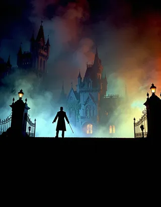 A solitary man in silhouette holding a cane stands before an eerie, fog-shrouded haunted mansion with gothic towers and glowing windows under dramatic lighting.