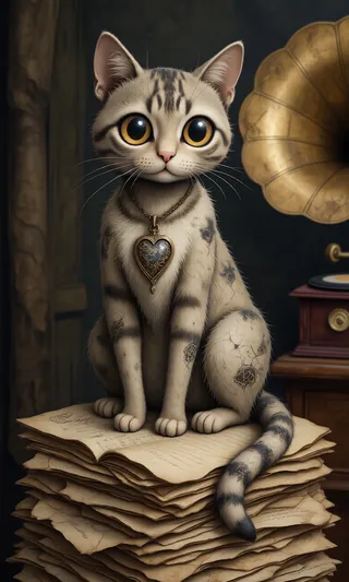 A sepia-toned cat with large glassy eyes and ghostly ink stains on its fur sits on a stack of aged love letters, wearing a cracked heart-shaped locket, with a vintage gramophone in the background.