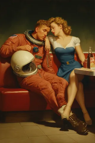 Tired astronaut in scuffed orange space suit slumps in a red diner booth, holding a white helmet, while a blonde pin-up woman in a blue dress leans close, set in a warm tungsten-lit 1950s diner environment with vintage cola bottles and chrome table edges.