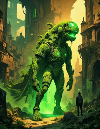A towering moss-covered grass giant with glowing green features stands in a ruined city, facing a lone human with historic architecture around them.