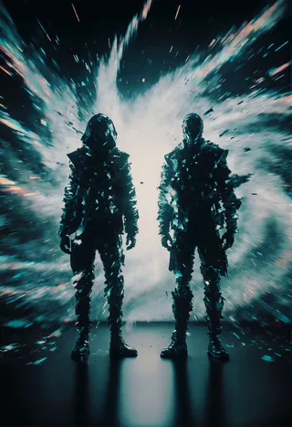 Two dark, heavily textured figures stand side by side with dynamic motion blur and ethereal glowing light behind them creating surreal reflections.