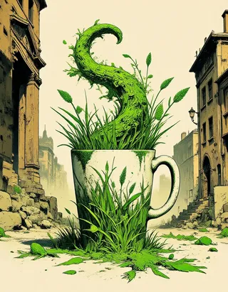 A surreal scene with vibrant green grass growing out of a white mug in the middle of a street with ruined old buildings on either side.