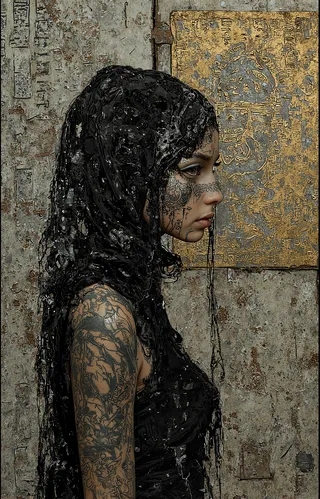 Side profile of a tattooed woman wearing a textured black hooded cloth, standing before a wall with intricate gold Egyptian hieroglyphics and metallic textures, in a dark, moody atmosphere.