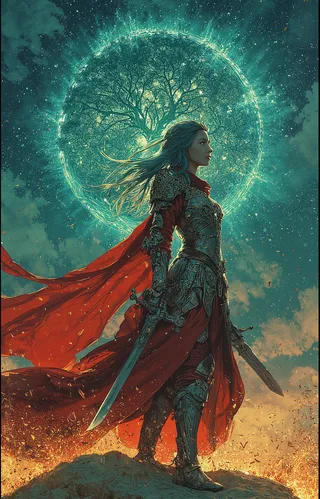 A female warrior in intricate full armor stands on rocky terrain against a night sky, holding a long sword with a glowing tree halo behind her and a flowing red scarf.