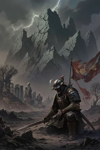 A broken samurai warrior kneeling on barren ground amid dark, desolate landscape with towering cracked cliffs and stormy lightning sky.