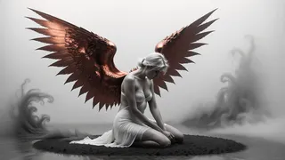 A pale kneeling woman with large metallic copper wings on a dark dust circle, surrounded by swirling grey fog against a minimalist light background.