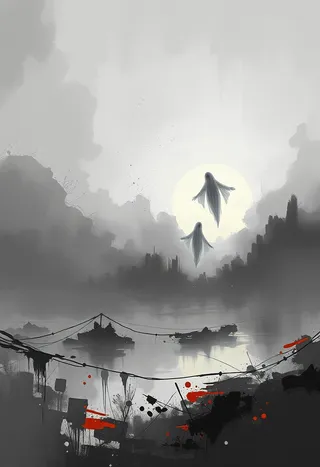 A surreal grayscale landscape featuring two transparent ghostlike figures floating in front of a warm, glowing sunrise above an abstract, painterly scene with layered brushwork and scattered red splashes.