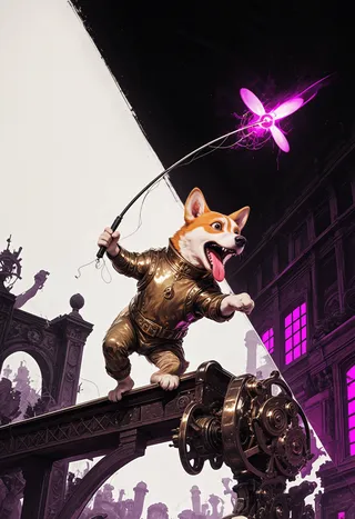 A brass-clad corgi with elastic limbs balances on a clockwork bridge railing, catching a glowing magenta propeller with a fishing rod, against a half black-and-white, half color background.