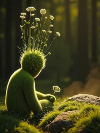 A child-shaped figure made of soft green grass and wildflowers sits in a glowing forest, creating shadow puppets on a mossy rock under golden sunlight.