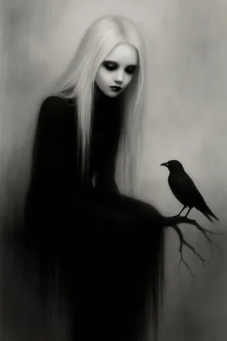 A melancholic young woman with long white hair and dark makeup sits in a foggy monochromatic setting, with a black crow perched on a branch-like arm.