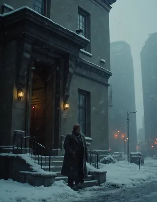 A solitary man stands in heavy winter clothes before a neo-classical mansion entrance in a snowy, dystopian cityscape with brutalist high-rises and surveillance cameras.