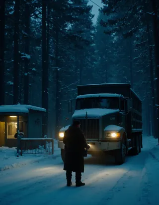 A military checkpoint in a snow-covered forest at evening, featuring a diesel cargo truck stopped near a small guarded outpost with a security officer inspecting documents by flashlight.