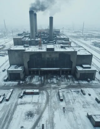 Aerial view of a vast brutalist factory complex covered with snow in a frozen industrial zone, with smokestacks releasing dark smoke into a grey sky.