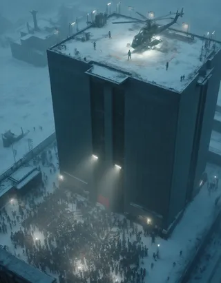 Aerial view of a snowy rooftop helipad atop a massive brutalist government building with a matte-black futuristic helicopter landing, surrounded by security, overlooking a large protest crowd below in a foggy, dystopian city.