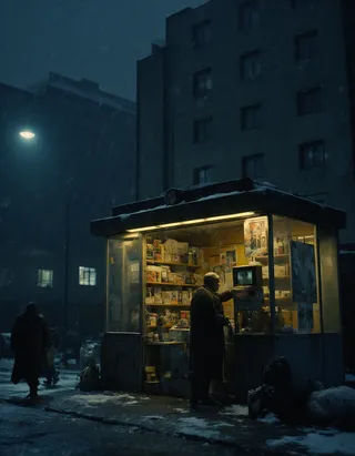 A dimly lit newspaper kiosk glowing warmly amidst a cold, snowy dystopian city street corner with brutalist apartment buildings in the background.