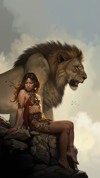 A digital painting of a dark-skinned woman with long flowing hair in intricate tribal clothing sitting on a rock cliff, looking contemplative beside a fierce, roaring lion under a cloudy sky with birds flying.