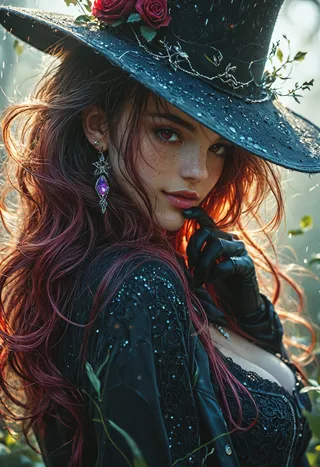 Portrait of a witch with vivid red hair, wearing an ornate black hat with roses, sparkling earrings, black gloves, and detailed black attire.