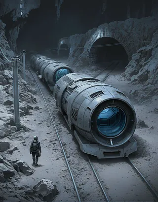 Two grey futuristic cylindrical train cars parked on parallel steel railway tracks inside a dark rocky tunnel, with a person in a space suit walking nearby.