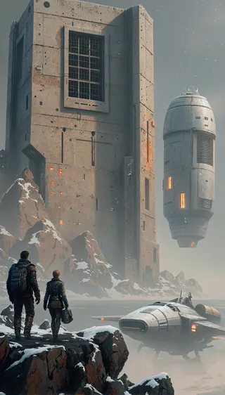 A sharp, foggy futuristic landscape featuring tall, multi-leveled concrete structures, a hovering spaceship above misty water, and two people walking on snowy rocky terrain.