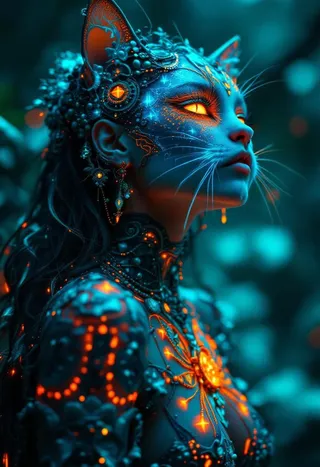 數位肖像，描繪貓女擁有發光橙色眼睛及藍綠和橙色生物螢光妝容，佩戴精緻珠寶和神聖幾何設計，置於飄渺燈光下。